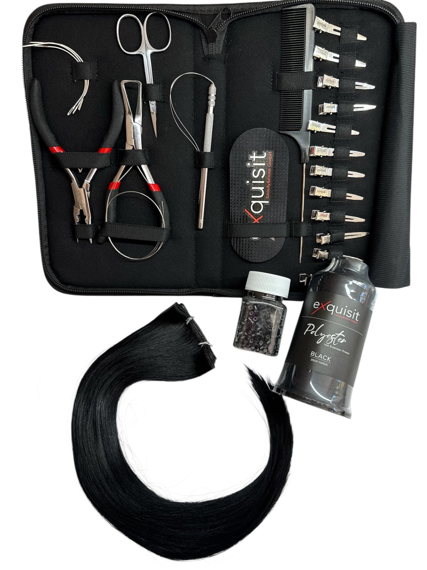 Starter Set für Tressen/ Übungstresse Schwarz/ Faden Schwarz/ Nanoringe Schwarz/ Mega Tool Kit